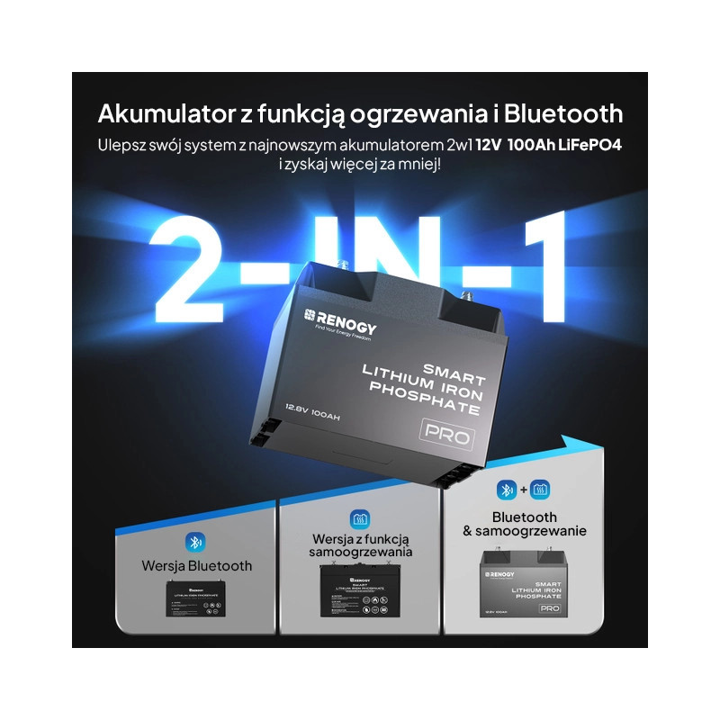 Akumulator Renogy LiFePO4 12V 100Ah Pro Smart z Bluetooth i funkcją samonagrzewania - obrazek 2