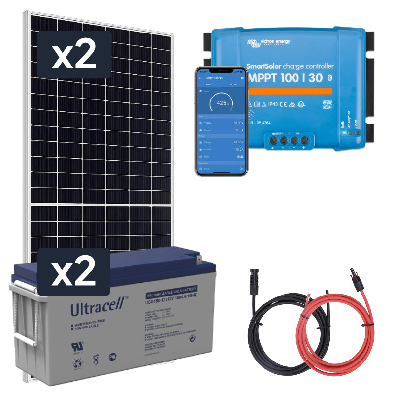 Panel słoneczny 2x435W i akumulator żelowy 2x150Ah z regulatorem MPPT 24V